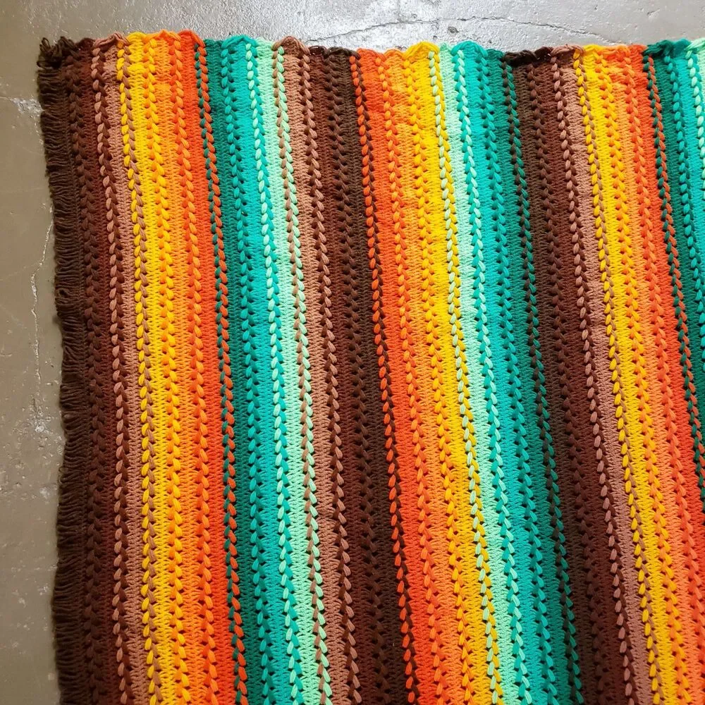 Vintage Afghan Crochet Throw Blanket Brown Green Orange Stripes Fringe MCM